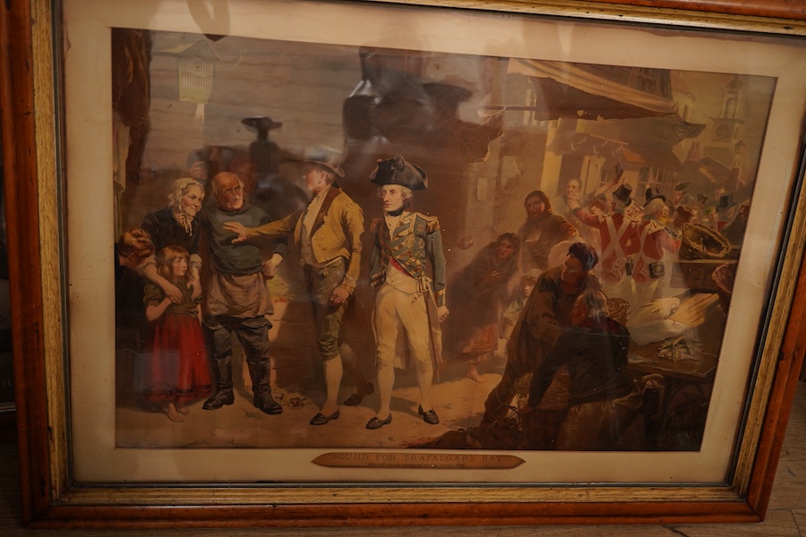 A set of three maple framed 19th century prints comprising 'Blind man's buff', 'Rent day' and 'The Village Festival' together with two others 'Day Dream' and 'Bound for Trafalgar Bay', largest 57 x 81cm